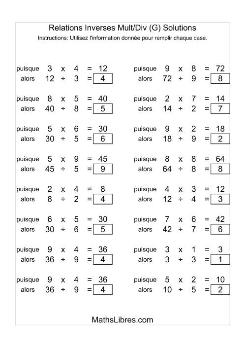 Relations Inverses -- Multiplication et Division -- Variation 1 à 9 (G) page 2