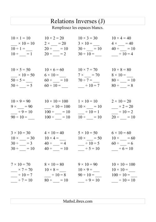 Relations Inverses -- Multiplication et Division -- Un Chiffre Vedette par Page (Jusqu'à 10) -- 10 (J)