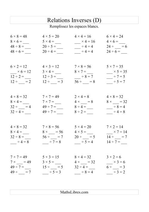 Relations Inverses -- Multiplication et Division (Toutes Opérations Inverses) -- Variation 2 à 9 (D)