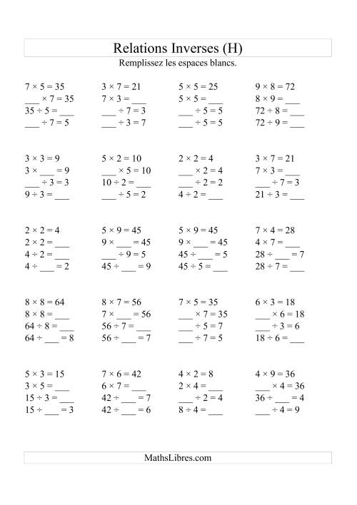Relations Inverses -- Multiplication et Division (Toutes Opérations Inverses) -- Variation 2 à 9 (H)