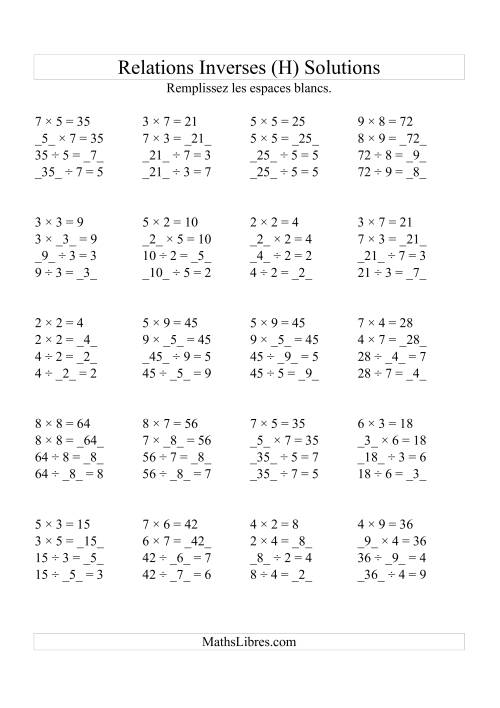 Relations Inverses -- Multiplication et Division (Toutes Opérations Inverses) -- Variation 2 à 9 (H) page 2