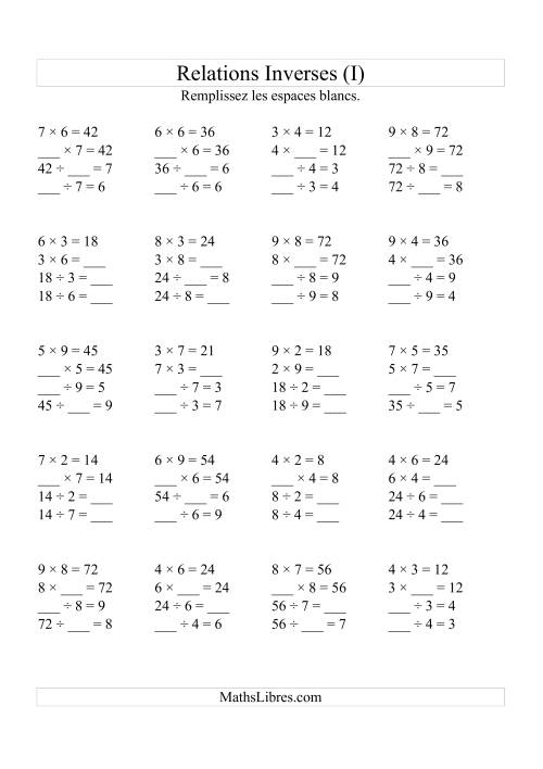 Relations Inverses -- Multiplication et Division (Toutes Opérations Inverses) -- Variation 2 à 9 (I)