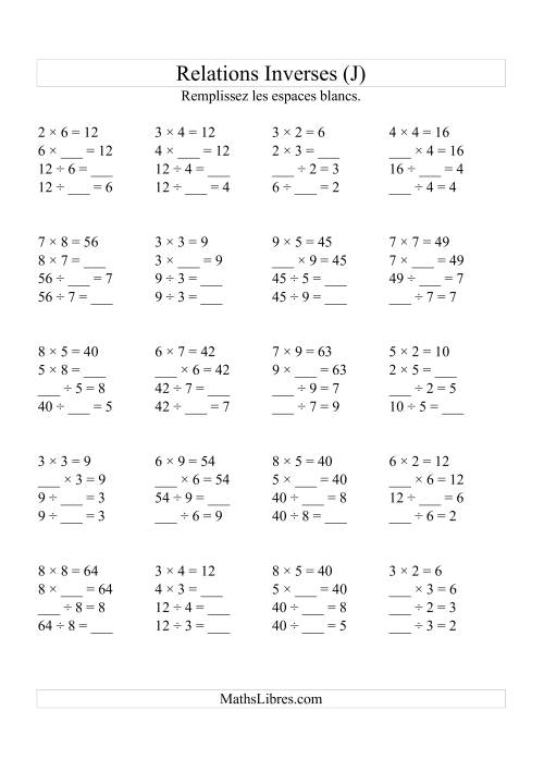Relations Inverses -- Multiplication et Division (Toutes Opérations Inverses) -- Variation 2 à 9 (J)