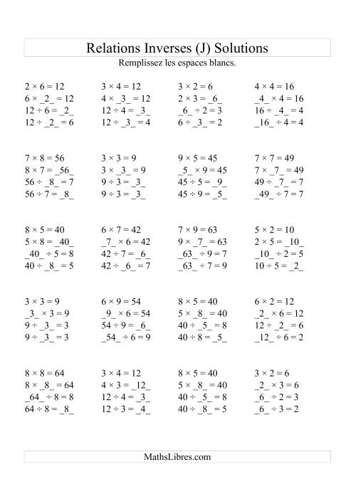 Relations Inverses -- Multiplication et Division (Toutes Opérations Inverses) -- Variation 2 à 9 (J) page 2