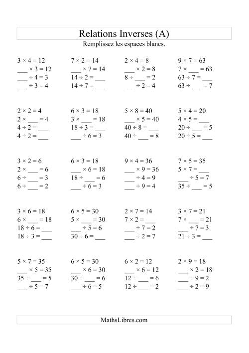 Relations Inverses -- Multiplication et Division (Toutes Opérations Inverses) -- Variation 2 à 9 (Tout)