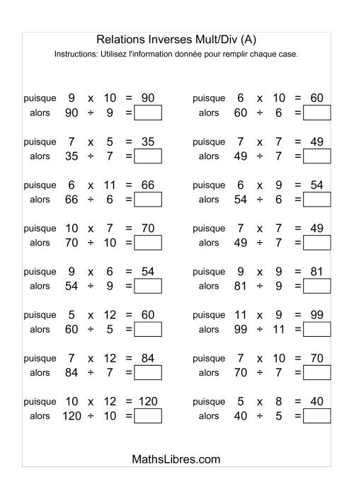 Relations Inverses -- Multiplication et Division -- Variation 5 à 12 (A)