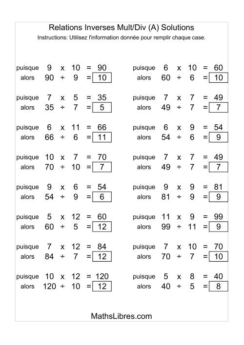 Relations Inverses -- Multiplication et Division -- Variation 5 à 12 (A) page 2