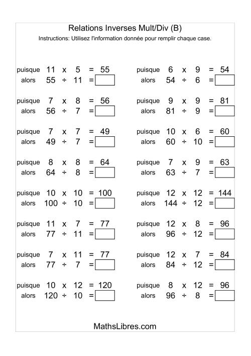 Relations Inverses -- Multiplication et Division -- Variation 5 à 12 (B)
