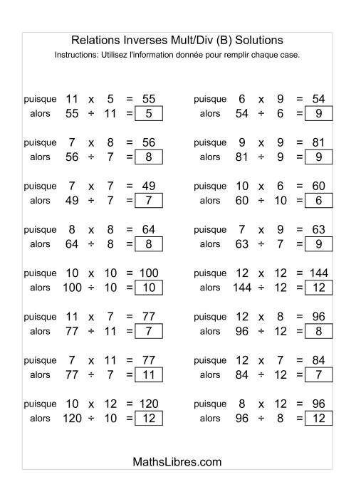 Relations Inverses -- Multiplication et Division -- Variation 5 à 12 (B) page 2