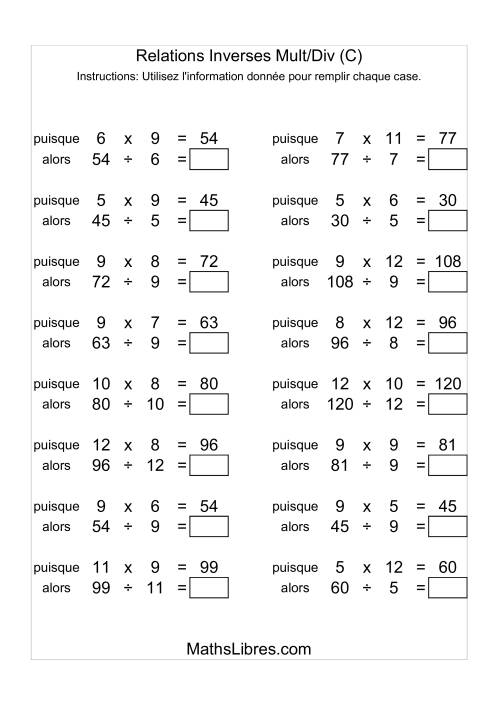 Relations Inverses -- Multiplication et Division -- Variation 5 à 12 (C)