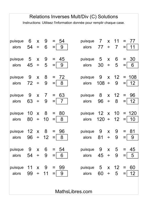 Relations Inverses -- Multiplication et Division -- Variation 5 à 12 (C) page 2