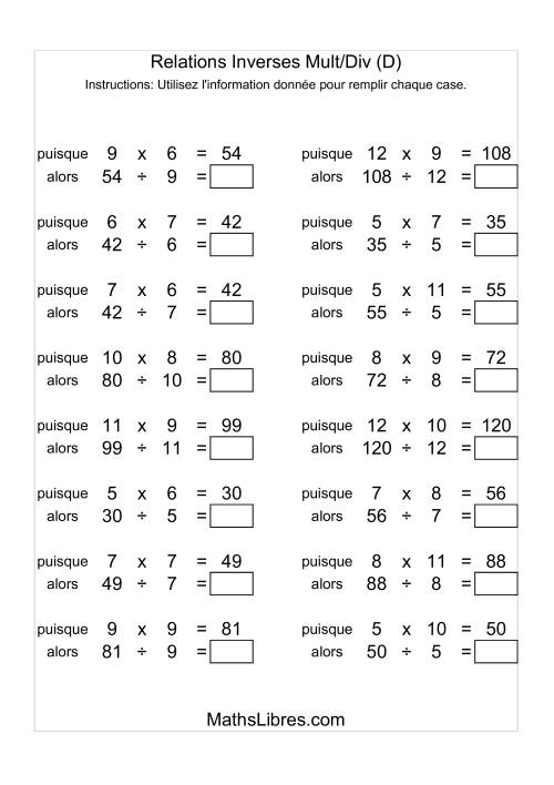 Relations Inverses -- Multiplication et Division -- Variation 5 à 12 (D)