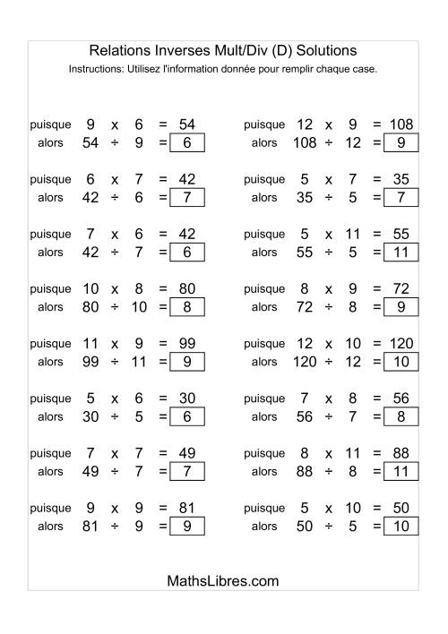 Relations Inverses -- Multiplication et Division -- Variation 5 à 12 (D) page 2