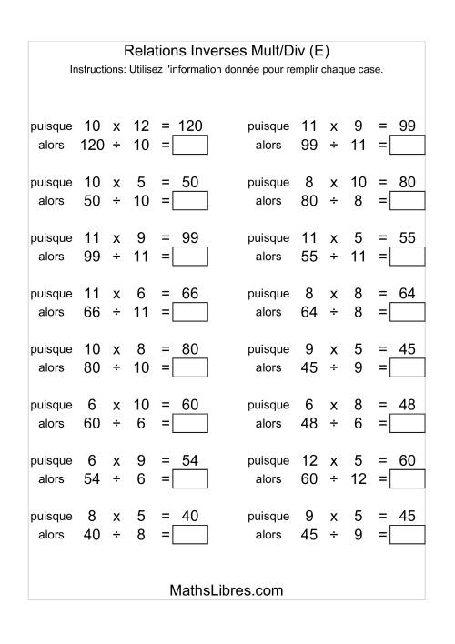 Relations Inverses -- Multiplication et Division -- Variation 5 à 12 (E)