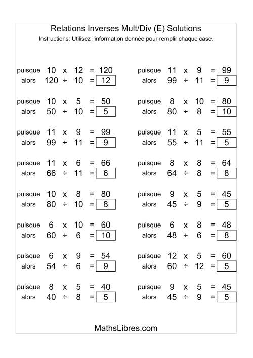 Relations Inverses -- Multiplication et Division -- Variation 5 à 12 (E) page 2