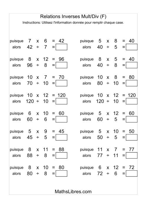 Relations Inverses -- Multiplication et Division -- Variation 5 à 12 (F)