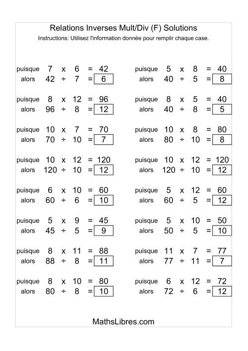 Relations Inverses -- Multiplication et Division -- Variation 5 à 12 (F) page 2
