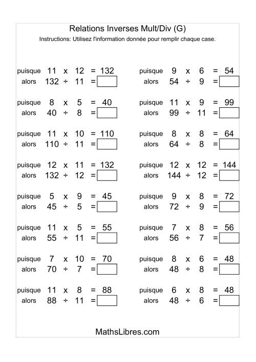 Relations Inverses -- Multiplication et Division -- Variation 5 à 12 (G)
