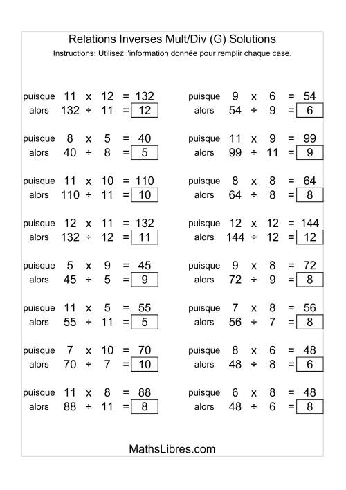 Relations Inverses -- Multiplication et Division -- Variation 5 à 12 (G) page 2