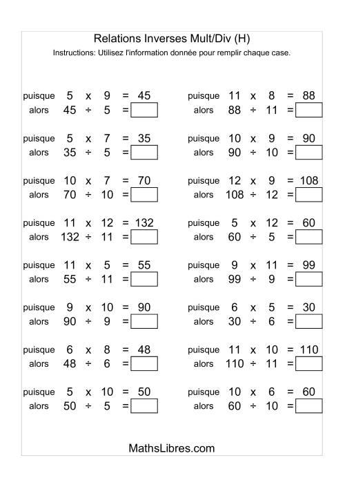 Relations Inverses -- Multiplication et Division -- Variation 5 à 12 (H)