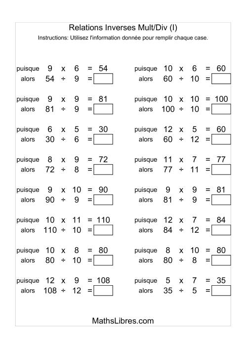 Relations Inverses -- Multiplication et Division -- Variation 5 à 12 (I)