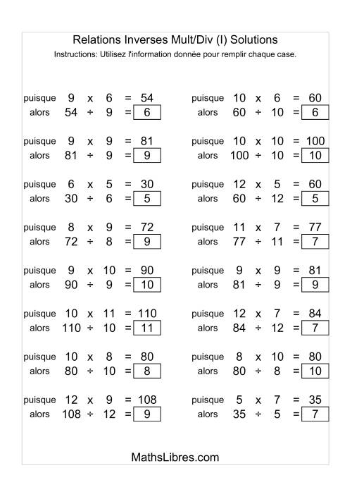 Relations Inverses -- Multiplication et Division -- Variation 5 à 12 (I) page 2