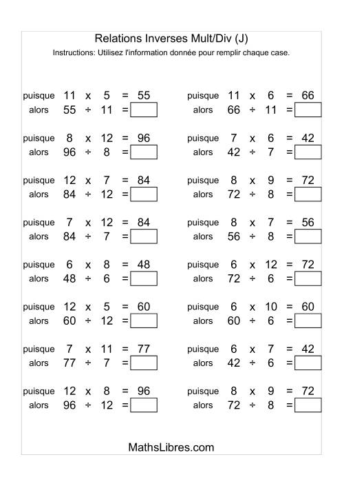 Relations Inverses -- Multiplication et Division -- Variation 5 à 12 (J)