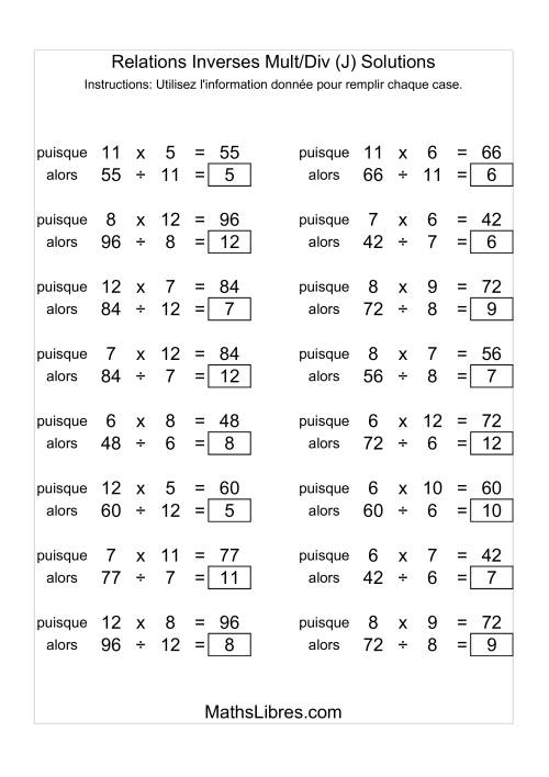 Relations Inverses -- Multiplication et Division -- Variation 5 à 12 (J) page 2