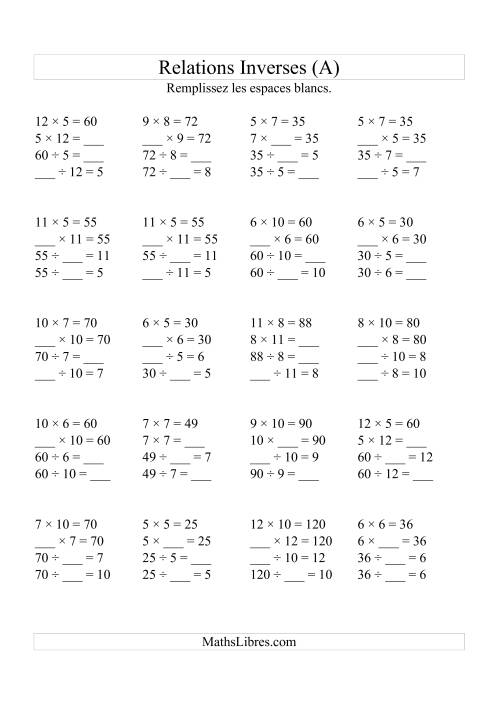 Relations Inverses -- Multiplication et Division (Toutes Opérations Inverses) -- Variation 5 à 12 (A)