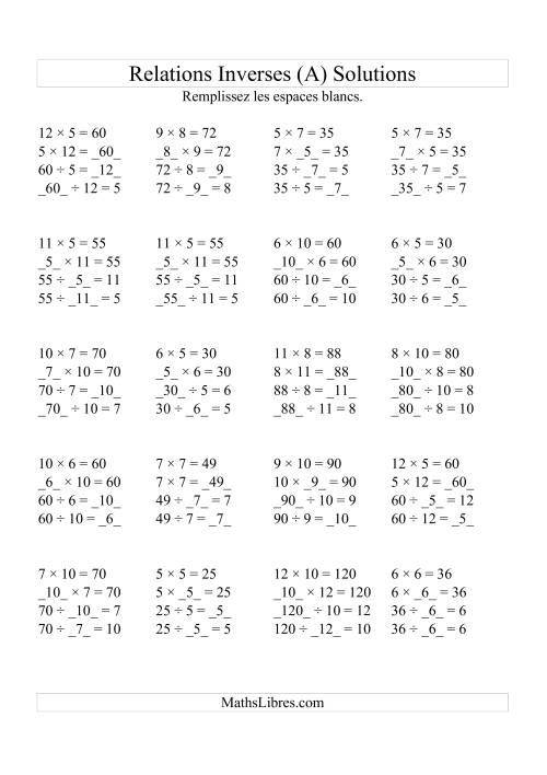 Relations Inverses -- Multiplication et Division (Toutes Opérations Inverses) -- Variation 5 à 12 (A) page 2