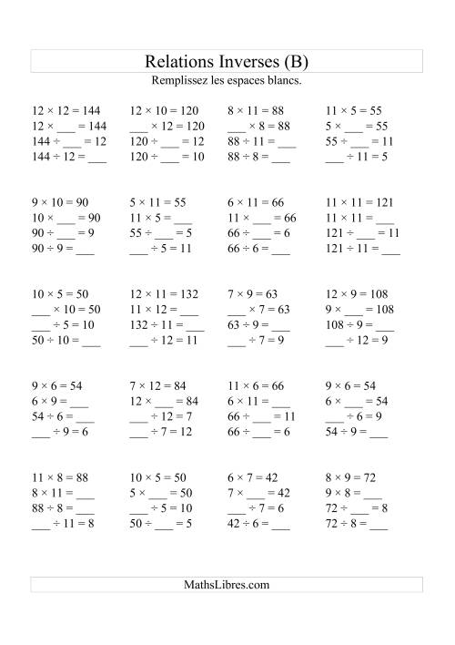 Relations Inverses -- Multiplication et Division (Toutes Opérations Inverses) -- Variation 5 à 12 (B)