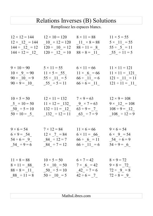 Relations Inverses -- Multiplication et Division (Toutes Opérations Inverses) -- Variation 5 à 12 (B) page 2