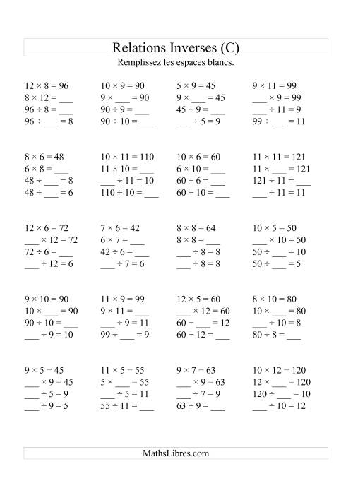 Relations Inverses -- Multiplication et Division (Toutes Opérations Inverses) -- Variation 5 à 12 (C)