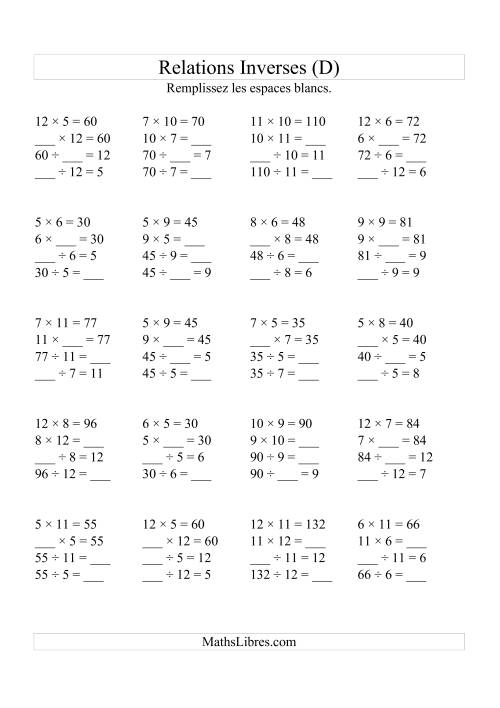 Relations Inverses -- Multiplication et Division (Toutes Opérations Inverses) -- Variation 5 à 12 (D)