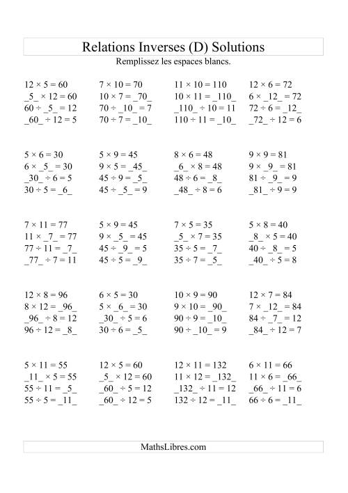 Relations Inverses -- Multiplication et Division (Toutes Opérations Inverses) -- Variation 5 à 12 (D) page 2