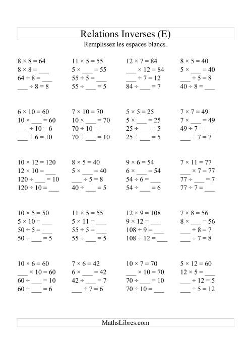 Relations Inverses -- Multiplication et Division (Toutes Opérations Inverses) -- Variation 5 à 12 (E)