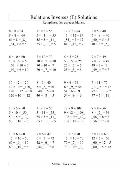 Relations Inverses -- Multiplication et Division (Toutes Opérations Inverses) -- Variation 5 à 12 (E) page 2