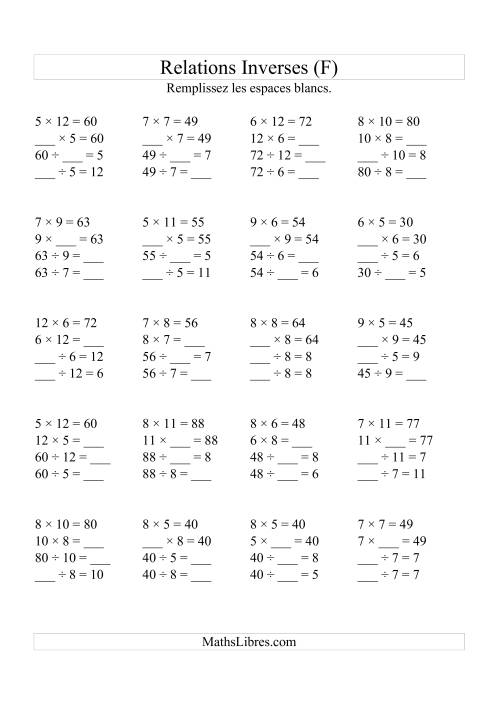 Relations Inverses -- Multiplication et Division (Toutes Opérations Inverses) -- Variation 5 à 12 (F)