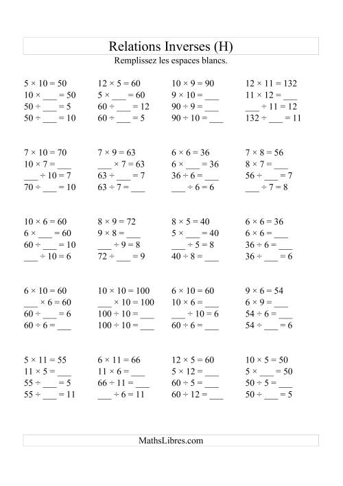 Relations Inverses -- Multiplication et Division (Toutes Opérations Inverses) -- Variation 5 à 12 (H)