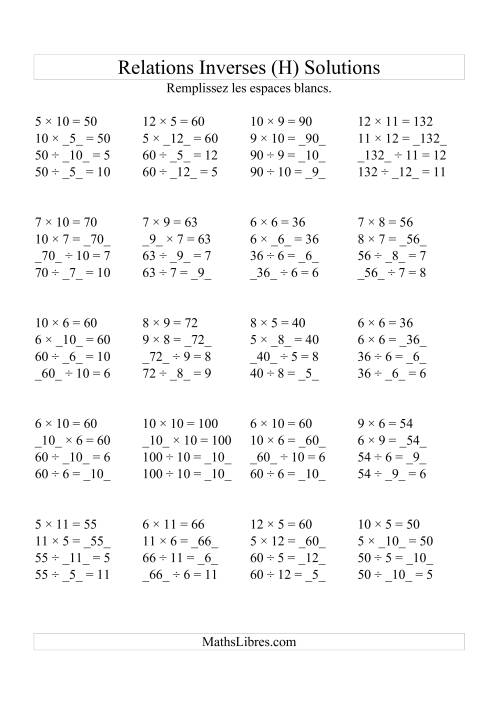 Relations Inverses -- Multiplication et Division (Toutes Opérations Inverses) -- Variation 5 à 12 (H) page 2
