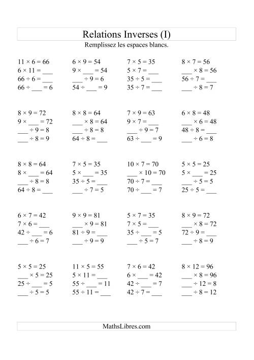 Relations Inverses -- Multiplication et Division (Toutes Opérations Inverses) -- Variation 5 à 12 (I)