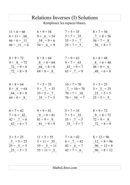 Relations Inverses -- Multiplication et Division (Toutes Opérations Inverses) -- Variation 5 à 12 (I) page 2