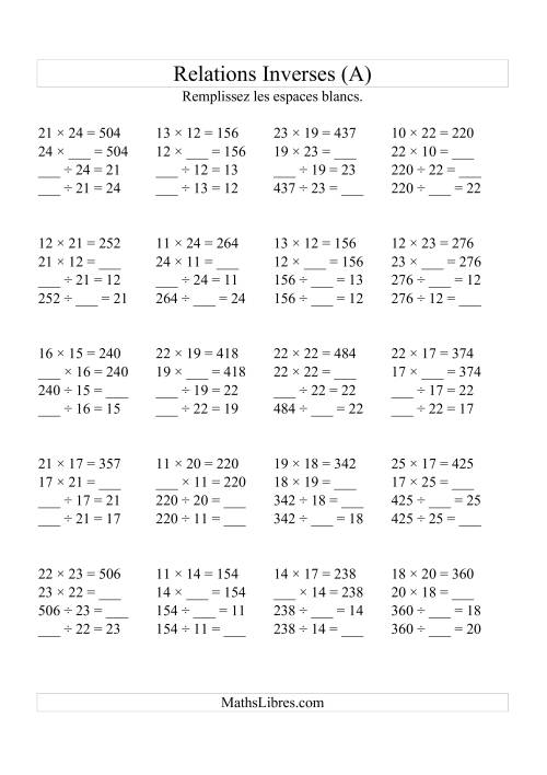 Relations Inverses -- Multiplication et Division (Toutes Opérations Inverses) -- Variation 10 à 25 (A)