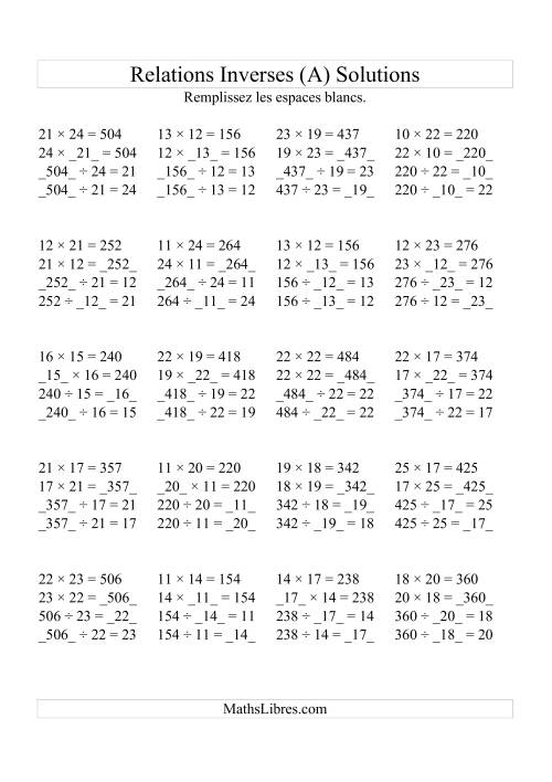 Relations Inverses -- Multiplication et Division (Toutes Opérations Inverses) -- Variation 10 à 25 (A) page 2