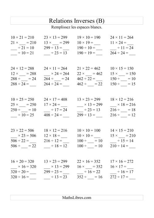 Relations Inverses -- Multiplication et Division (Toutes Opérations Inverses) -- Variation 10 à 25 (B)