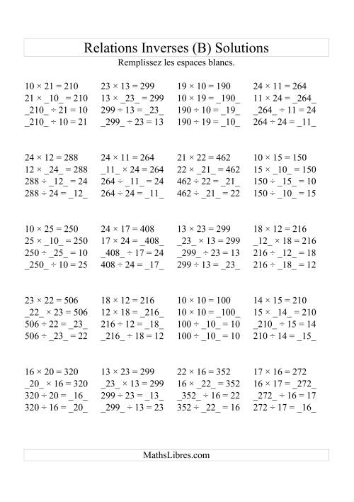 Relations Inverses -- Multiplication et Division (Toutes Opérations Inverses) -- Variation 10 à 25 (B) page 2