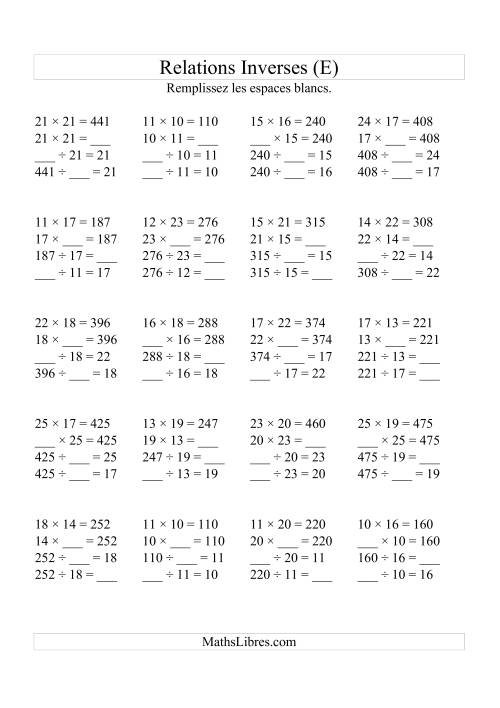 Relations Inverses -- Multiplication et Division (Toutes Opérations Inverses) -- Variation 10 à 25 (E)