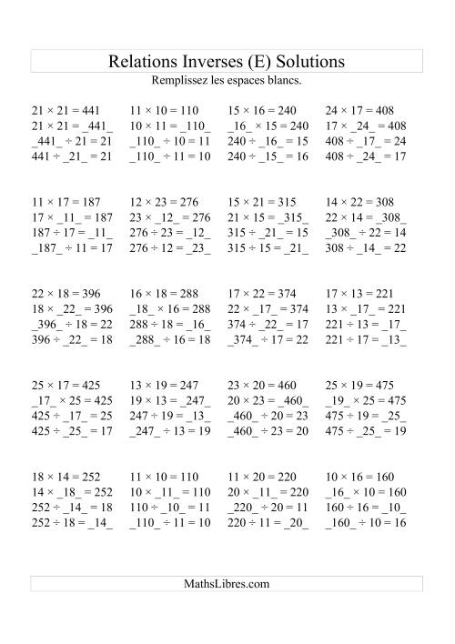 Relations Inverses -- Multiplication et Division (Toutes Opérations Inverses) -- Variation 10 à 25 (E) page 2