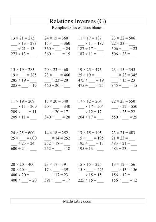 Relations Inverses -- Multiplication et Division (Toutes Opérations Inverses) -- Variation 10 à 25 (G)