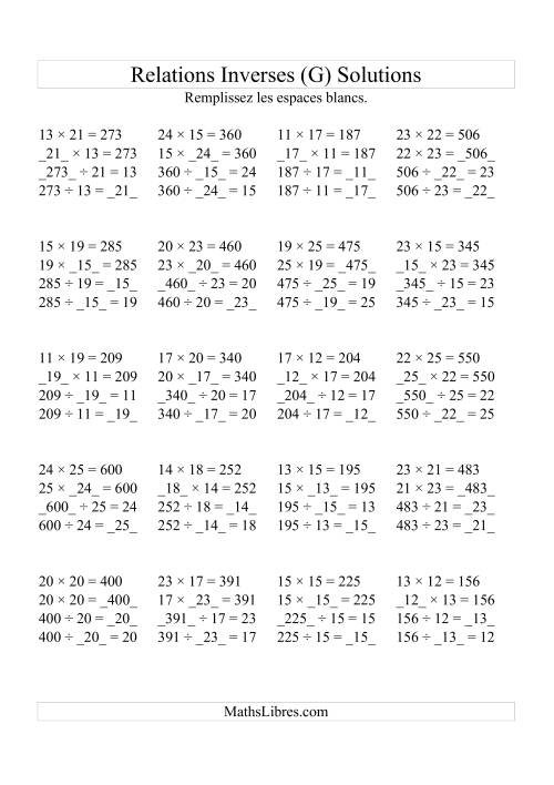 Relations Inverses -- Multiplication et Division (Toutes Opérations Inverses) -- Variation 10 à 25 (G) page 2